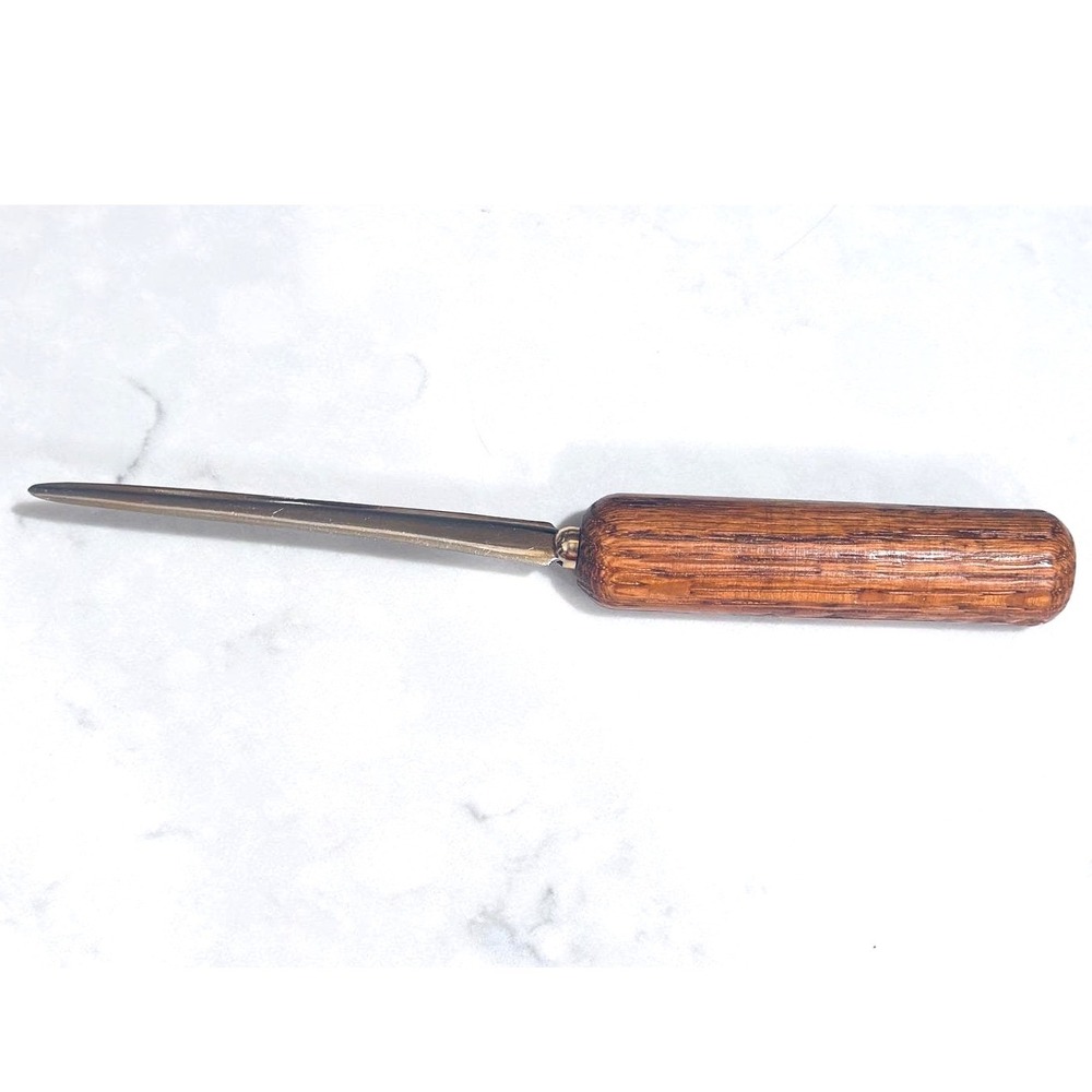 Vintage Wood Handle Letter Opener Gold Tone Metal Tapered Blade Office Accessory